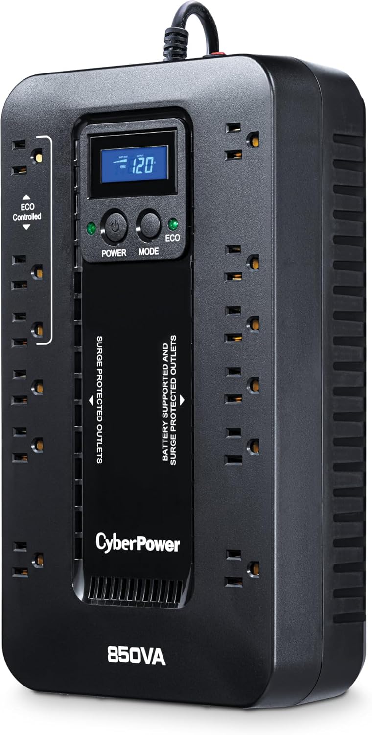 CyberPower EC850LCD Ecologic UPS Battery Backup & Surge Protector (850VA/510W) – 12 Outlets, AVR, LCD Display, and ECO Mode