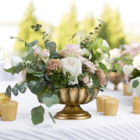 Set of 4 Gold Compote Vases – 7" Wide Distressed Metal Pedestal Bowls for Wedding Centerpieces, Floral Arrangements, & Home Décor