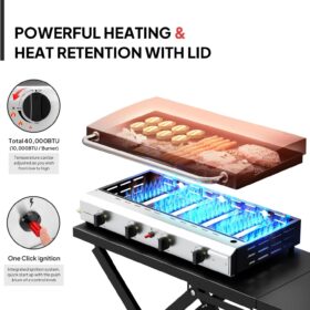 Bonnlo 4-Burner Propane Gas Grill - 40,000 BTU Portable Flat Top Griddle with Folding Cart, Side Shelf & Enamel Cooking Plate for Outdoor Camping & Backyard BBQ