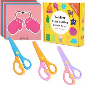Toddler Safety Scissors and Cutting Practice Paper Set – 3 Pack Spring-Action Training Scissors with 96 Activity Sheets for Kids Preschool Crafts