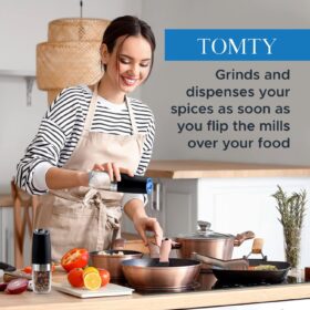 TOMTY Gravity Electric Salt and Pepper Grinder Set – Automatic One-Handed Battery Operated Adjustable Mills with LED Light – Premium Kitchen Gadgets & Housewarming Gifts