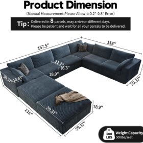 Modern Cloud Modular Sectional Sofa - Oversized 8-Seater Corduroy Couch with 2 Ottomans & Deep Seat, Bone Gray, No Assembly Required
