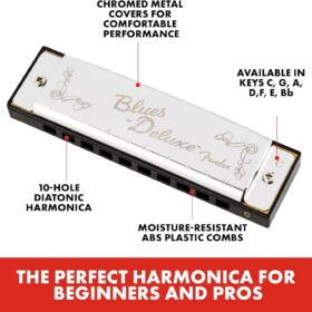 Fender Blues Deluxe Harmonica in Key of C – Professional Brass Reeds & Molded PVC Comb with Vented Case