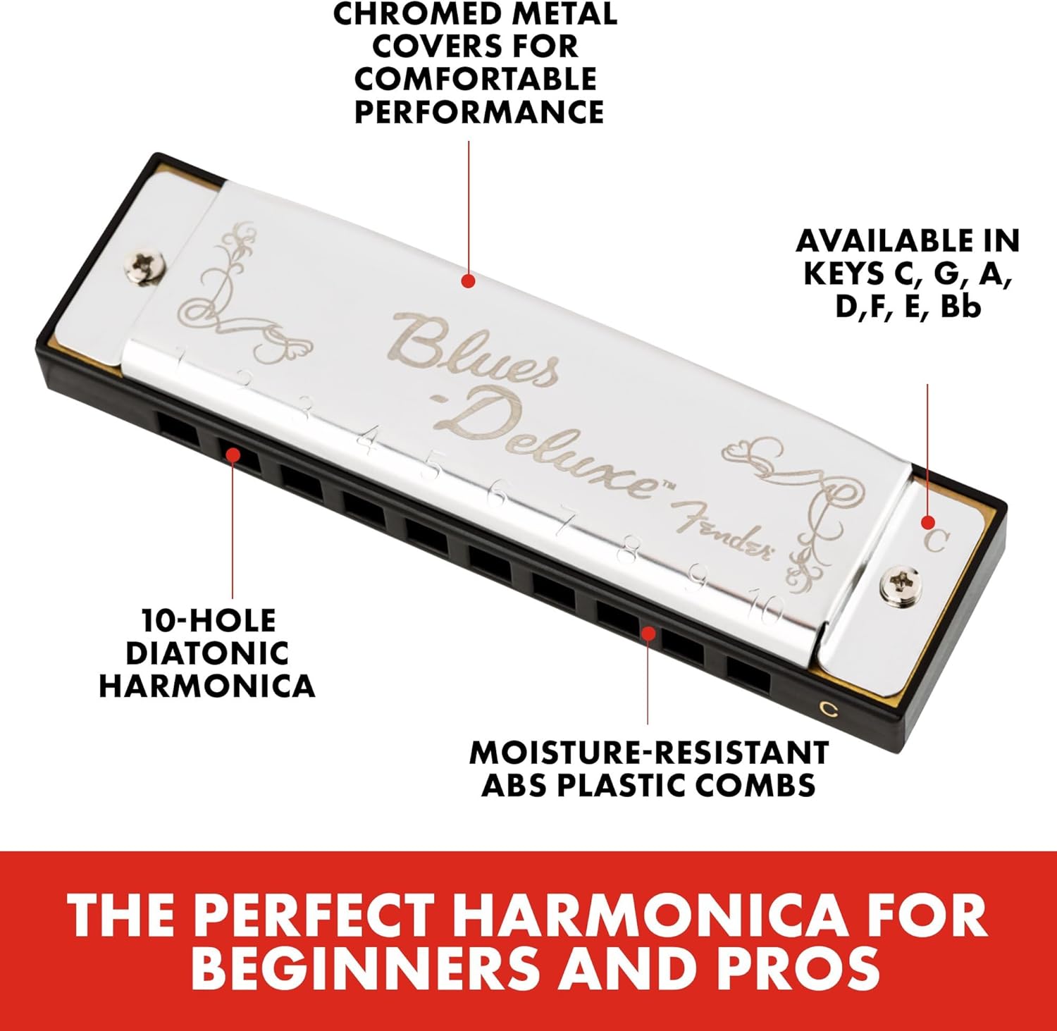 Fender Blues Deluxe Harmonica in Key of C – Professional Brass Reeds & Molded PVC Comb with Vented Case