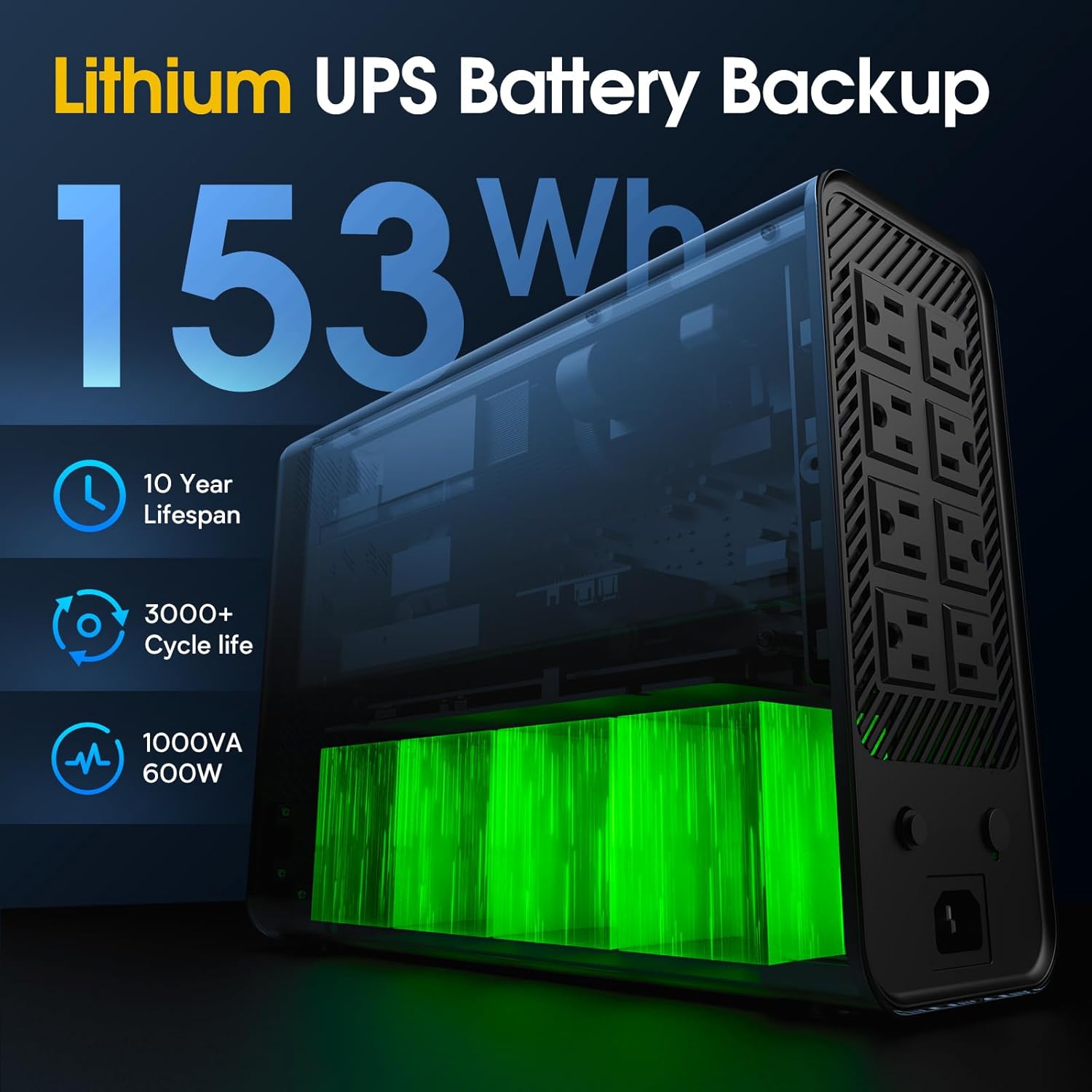 GOLDENMATE 1000VA/600W LiFePO4 UPS Battery Backup & Surge Protector | 10-Year Lifespan, Pure Sine Wave, Auto-Shutdown Port, LCD Display, 8 Outlets (White, 2025 Pro Version)