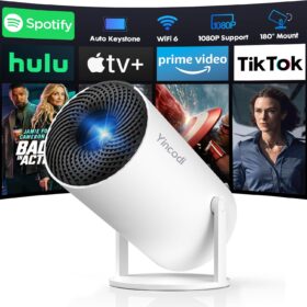 Smart Mini Projector with Native 1080P, WiFi 6 & Bluetooth 5.2, Auto Keystone, 180° Rotation, Portable Home Theater Compatible with TV Stick/Laptop (Android OS Built-in)