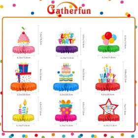 Colorful Happy Birthday Honeycomb Centerpieces - 9 Piece Table Decoration Kit with Double-Sided Prints for Kids, Boys & Girls Parties