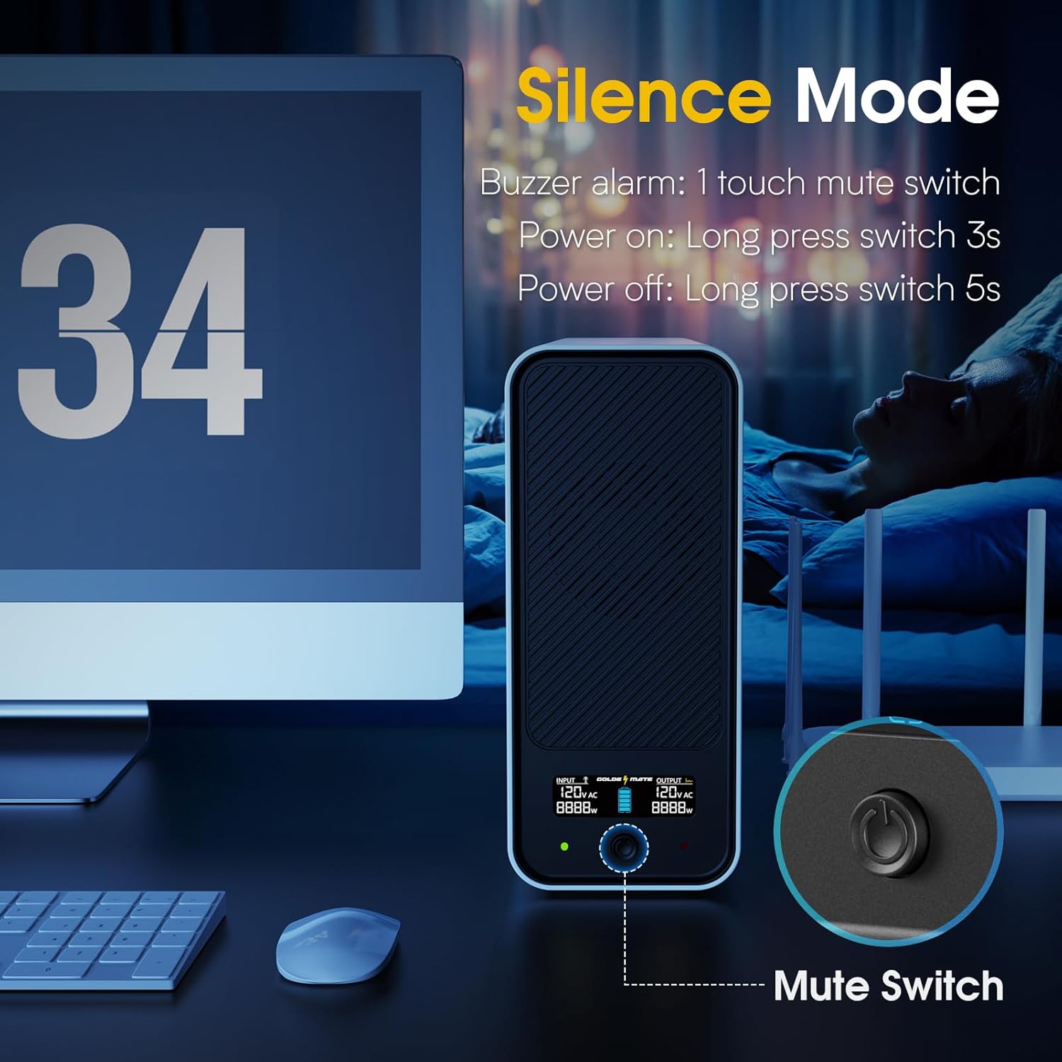GOLDENMATE 1000VA/800W LiFePO4 UPS Battery Backup & Surge Protector – Pure Sine Wave, 10-Year Lifespan, 8 Outlets, LCD Display