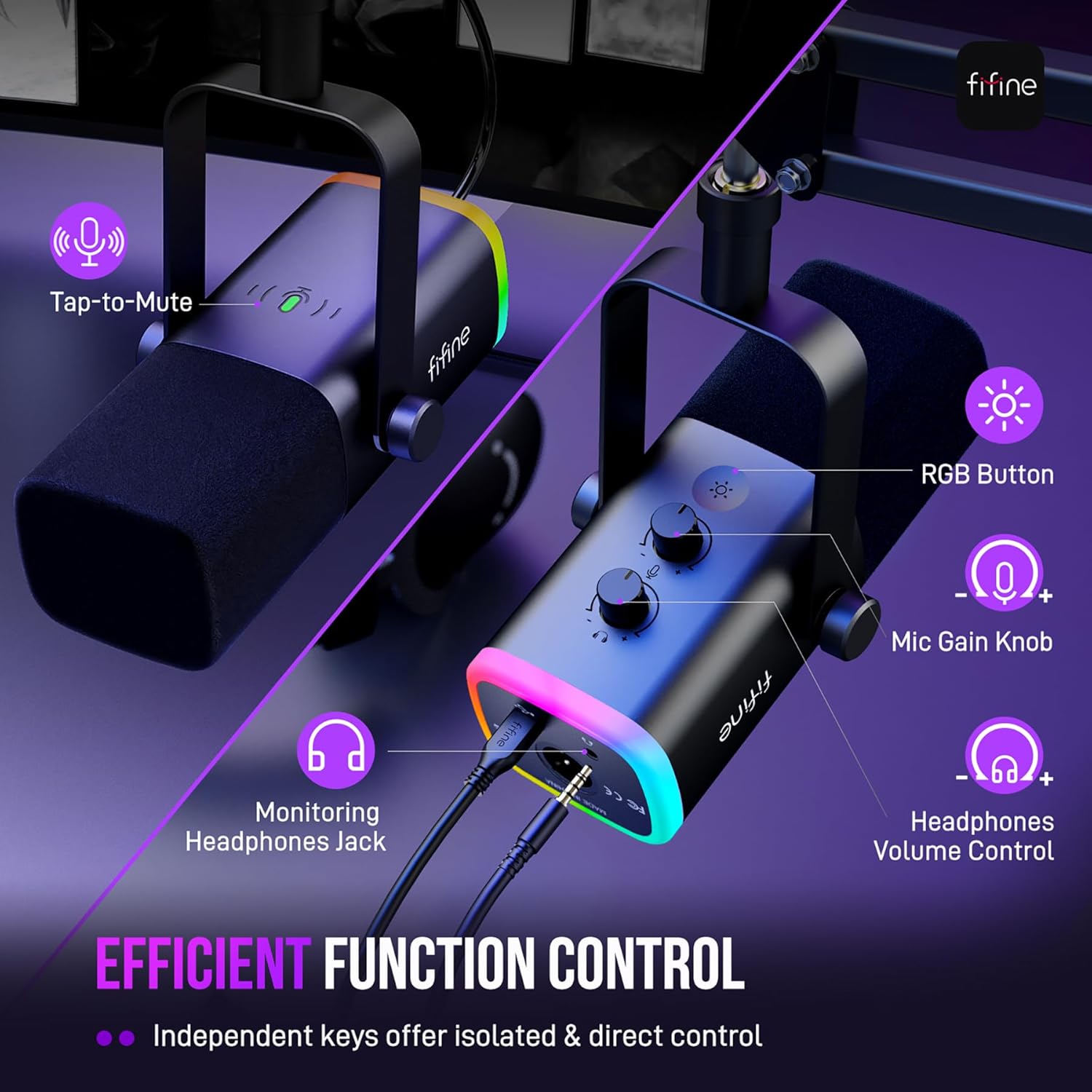 FIFINE AM8T Dynamic USB/XLR Gaming Microphone with RGB Lighting & Boom Arm Stand – Plug & Play PC Streaming Kit with Mute Button, Headphone Jack & Volume Control for Podcasts, Voice-Over, and Recording
