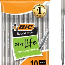 BIC Round Stic Xtra Life Ballpoint Pens, 1.0mm Medium Point, Black Ink, 10-Count Pack (Reliable & Smooth)