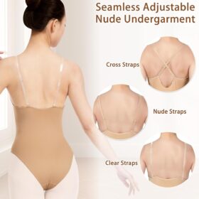 Women's Nude Seamless Ballet Leotard with Clear Adjustable Straps - Dance & Gymnastics Undergarment Top