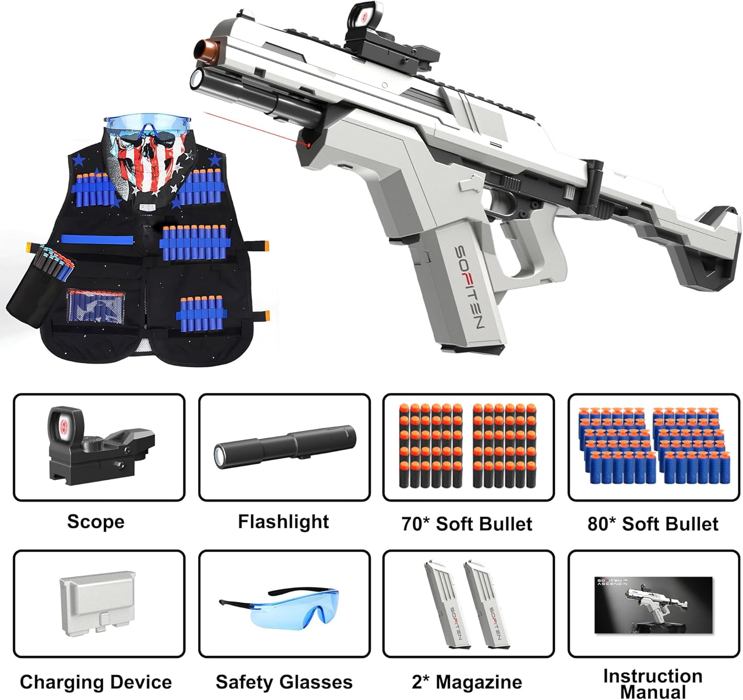 Elite Sniper Rifle Toy Set with Tactical Vest – 150 Foam Darts, Scope, Flashlight & Mask – Foldable Stock Foam Blaster Kit for Kids & Teens (Blue)