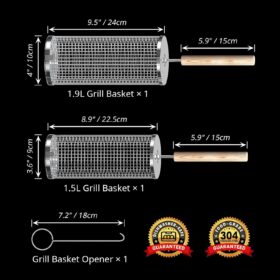 Rolling Grill Basket Set with Removable Handles – Nesting 304 Stainless Steel BBQ & Smoker Accessories for Veggies, Meat & Camping