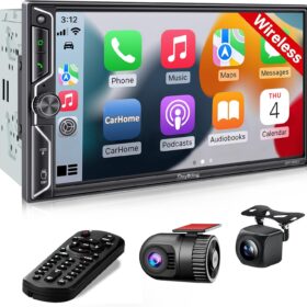7-Inch Double Din Car Stereo with Wireless Apple CarPlay & Android Auto – 1080P QLED Touchscreen, Integrated Dash Cam & Backup Camera, Bluetooth 5.2, 240W Audio