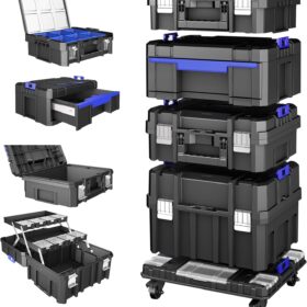 AIRAJ 4-Tier Stackable Rolling Tool Box with Wheels – Modular Tool Organizer Storage System with Transparent Lid & Drawers – Portable Garage Workshop Trolley