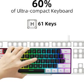 Snpurdiri 60% Wired Gaming Keyboard – Ultra-Compact RGB Membrane Keyboard with Ergonomic Design & Waterproof Construction (White/Black)