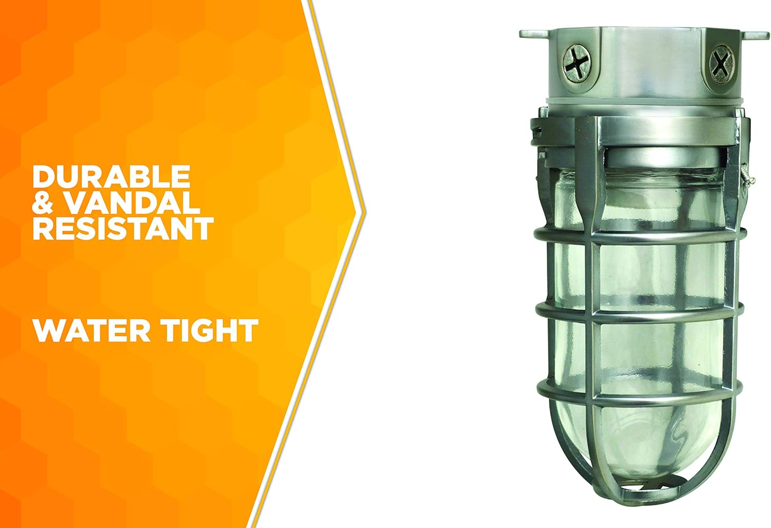 Designers Edge L1706 Vandal Resistant Security Light - Heavy Duty Industrial Cage Ceiling Mount with Tempered Glass Lens, Silver, 150W