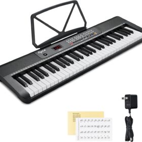 61-Key Electronic Keyboard Piano - Portable Digital Music Keyboard with 255 Tones, Rhythms, LED Display & Microphone - Includes Stand, Stickers & Power Adapter - Ideal Beginner Piano Kit
