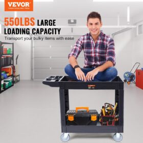 VEVOR Heavy-Duty Rolling Utility Cart - 550lb Capacity 2-Tier Service Cart with Ergonomic Handle & 5" Swivel Casters, Black