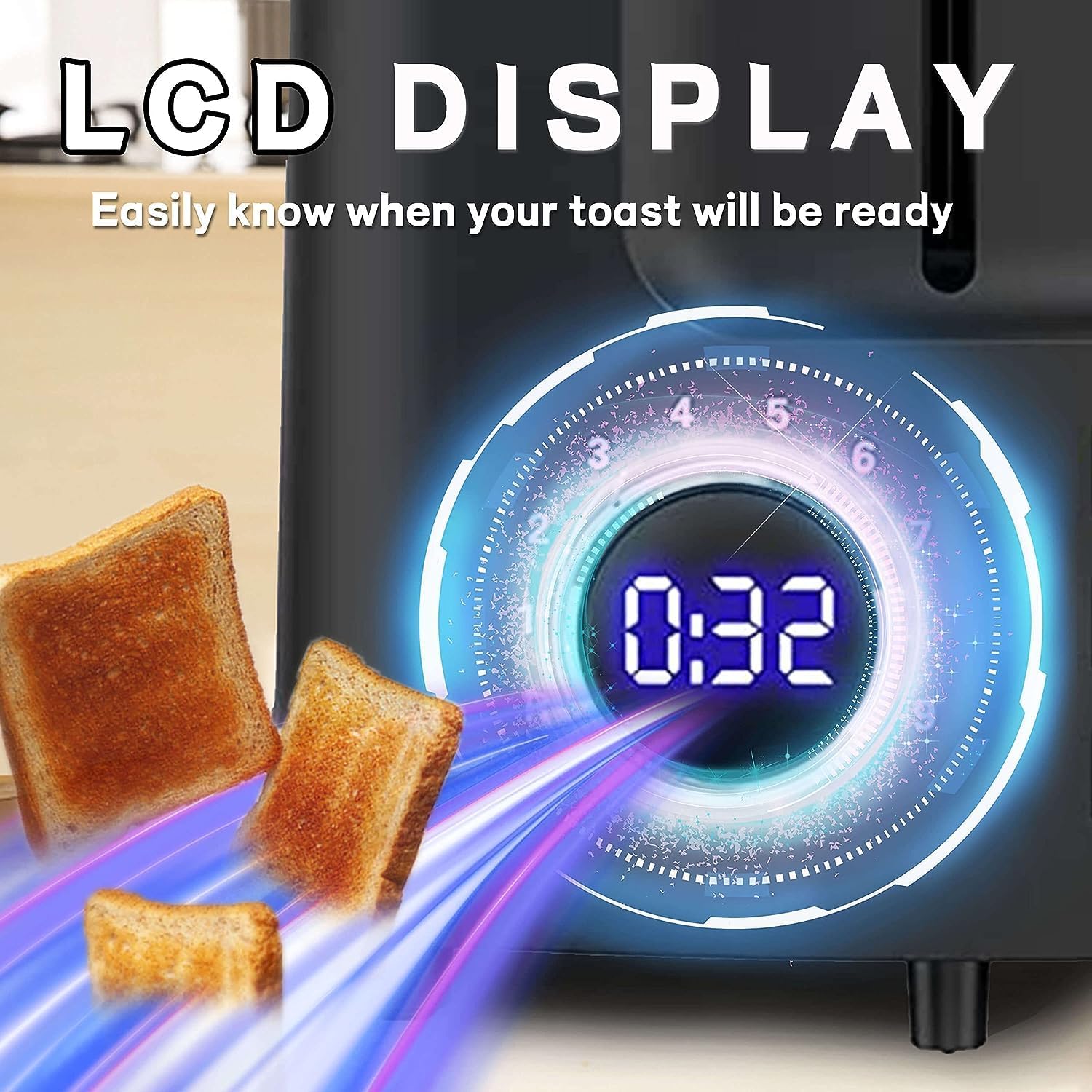 2 Slice Digital Toaster with LCD Timer - 1.5 Inch Wide Slot Stainless Steel Smart Bread Toaster with Bagel, Defrost, Cancel, Reheat Modes, Removable Crumb Tray & 9 Browning Settings for Home Kitchen