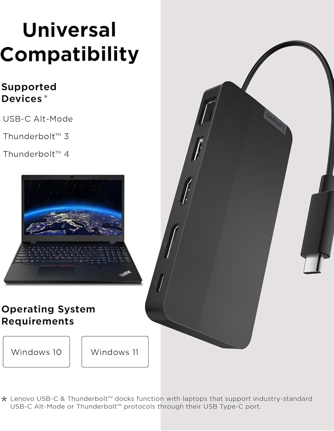 Lenovo USB-C Dual Display Travel Dock with Power Delivery – 7-in-1 Portable Hub, 4K Resolution Support, Integrated Cable (Black)
