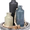 Rustic Boho Tabletop Centerpiece Set - 3 Ceramic Vases with Wooden Tray, Wood Bead Garland & Tassels for Farmhouse Home Decor