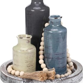 Rustic Boho Tabletop Centerpiece Set - 3 Ceramic Vases with Wooden Tray, Wood Bead Garland & Tassels for Farmhouse Home Decor