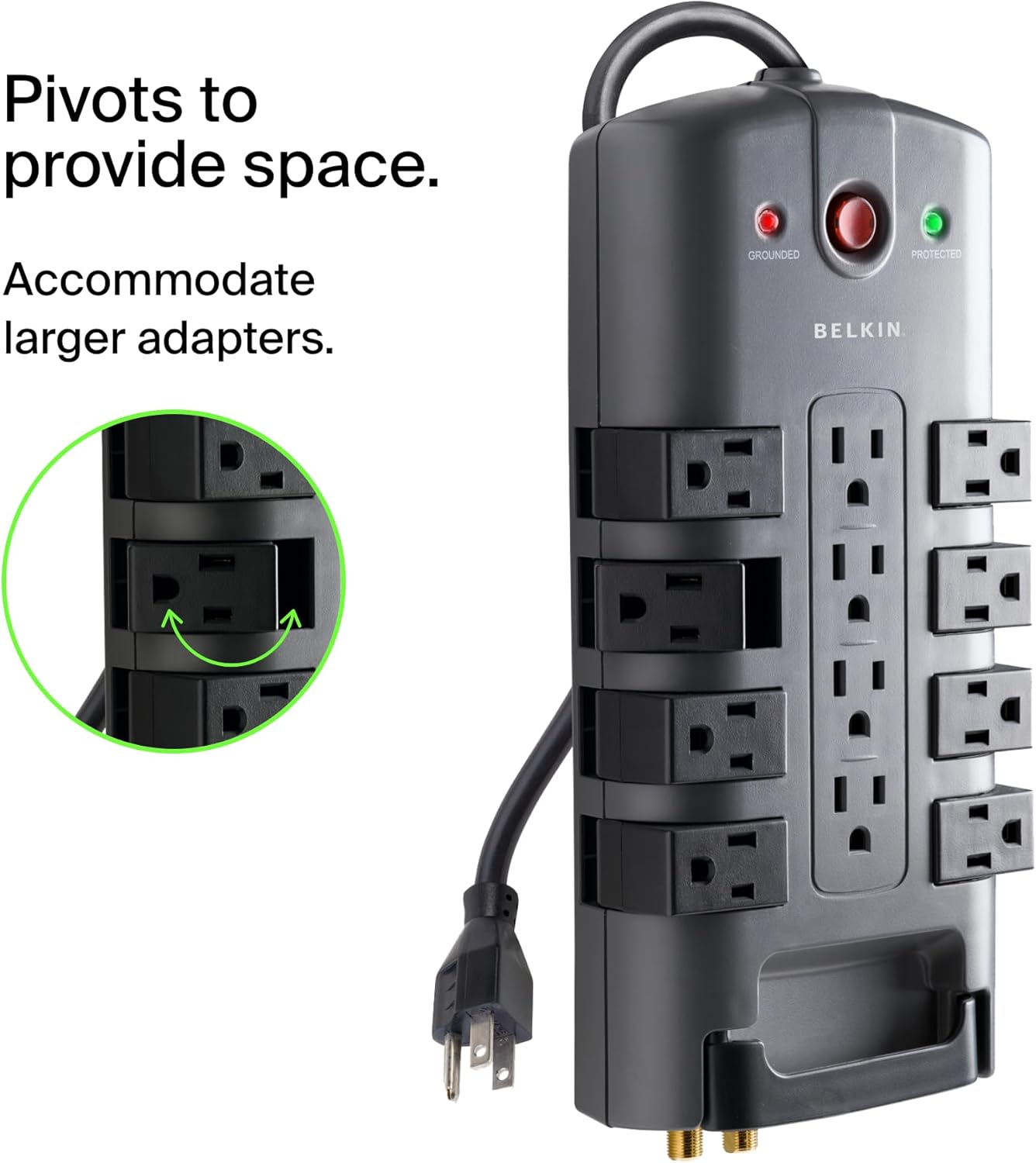 Belkin 12-Outlet Pivot Surge Protector Power Strip – 4320 Joule, 8ft Flat Plug & Rotating Sockets for Home & Office