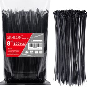Skalon 8 Inch Black Zip Ties (100 Pack) – Heavy Duty UV Resistant Cable Ties for Indoor & Outdoor Use – 40lb Tensile Strength Wire Ties for Home, Garden, and Electrical Organization