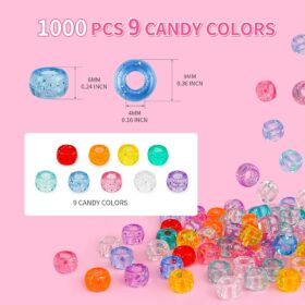 1000+ Piece Glitter Pony Beads Bulk Set – 9mm Acrylic Large Hole Beads for DIY Jewelry Making, Hair Braids, Bracelets & Kids Crafts