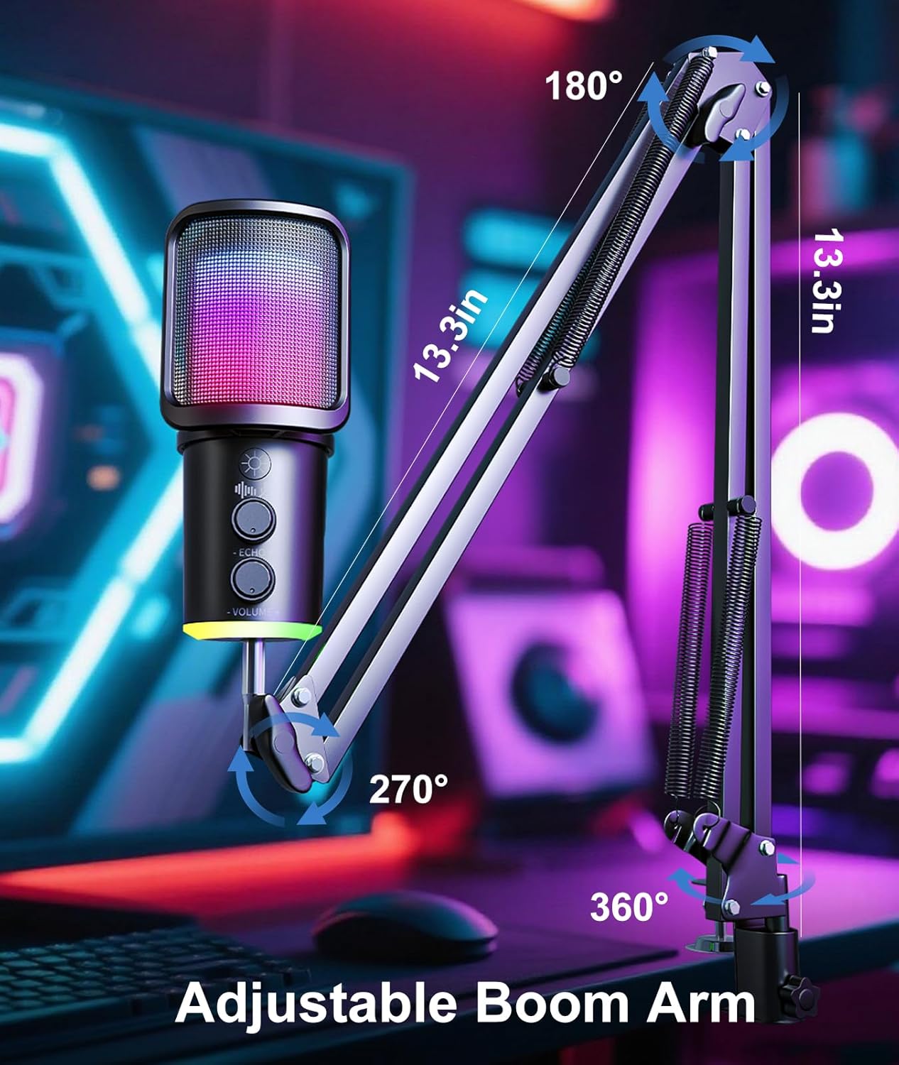 Gaming USB Microphone with Boom Arm, RGB Condenser PC Mic with Noise Cancellation, Mute Button & Pop Filter for Streaming, Podcasting, PS4/PS5 & Discord