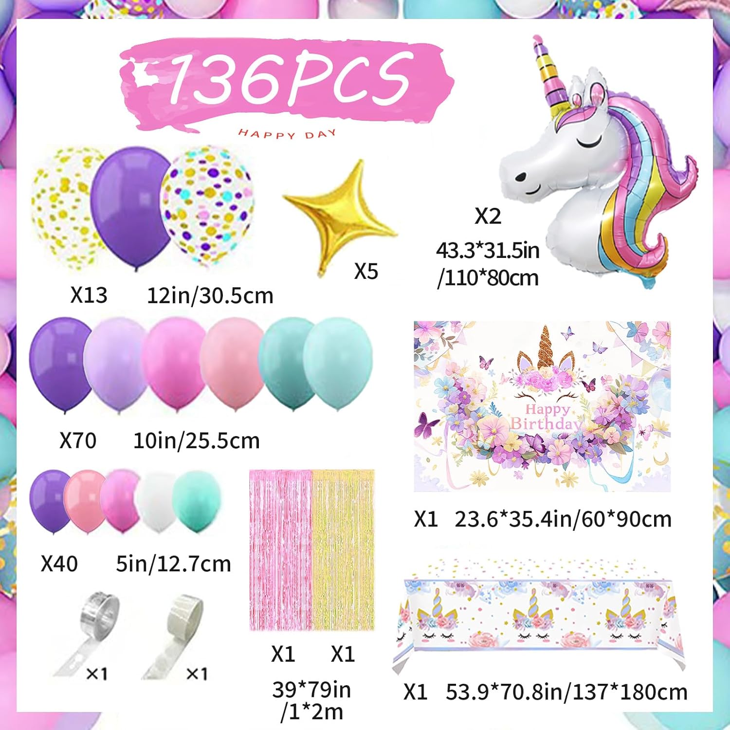 Unicorn Party Decorations Kit - 135-Piece Mega Set with 3D Foil Balloons, Backdrop, Table Cover, Tassel Curtains & Arch Garland Supplies - Magical Pink, Rose Gold, Purple Birthday Theme