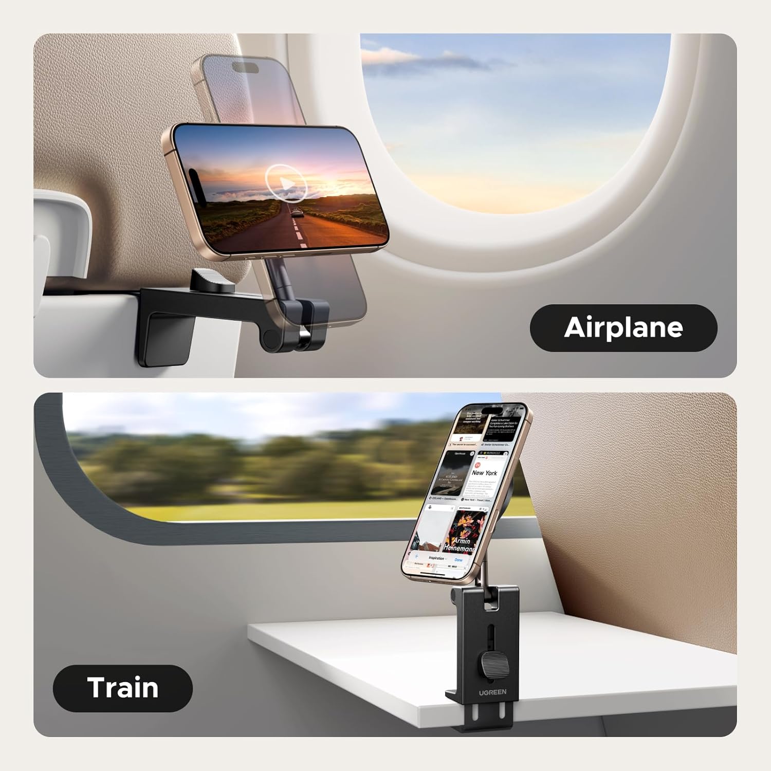 UGREEN Airplane Phone Holder for MagSafe – Travel Essentials Magnetic Phone Mount for Plane Tray Tables, Luggage Handles & Desks – 360° Rotation Compatible with iPhone 17/16/15/14/13/12