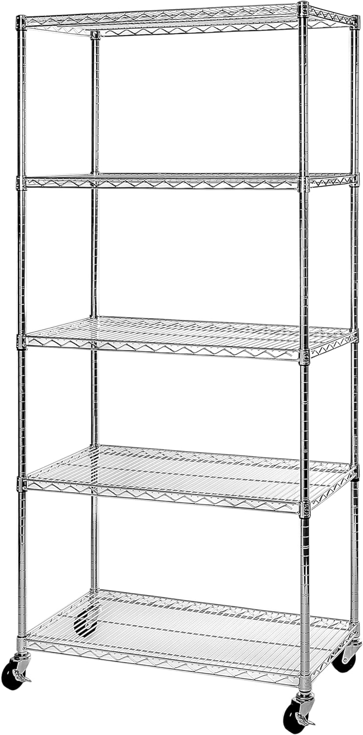Seville Classics UltraDurable Commercial-Grade 5-Tier Steel Wire Shelving Unit – NSF Certified Heavy Duty Storage Rack for Garage, Kitchen, & Warehouse – 36” W x 18” D