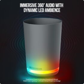 MVMT Smart Trash Can with Bluetooth Speaker and LED Lights – 2.6 Gallon IPX4 Water-Resistant Bin with FM Radio, Colorful Mood Lighting, and Rechargeable Battery for Bedroom, Office, or Gaming Setup