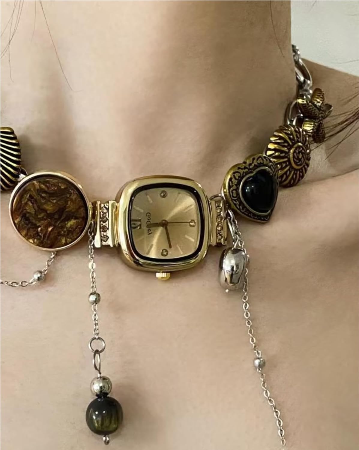 Vintage Timepiece Pendant Necklace with Seashell Charm & Gemstones | Gold-Tone & Silver-Tone Dual Chain Jewelry for Women