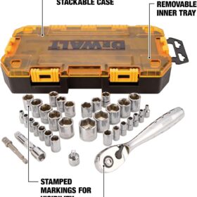 DEWALT 34-Piece Socket Set (1/4-Inch & 3/8-Inch Drive) - Mechanic Tool Kit with SAE & Metric Sockets, 72-Tooth Ratchet, and Removable Case (DWMT73804)