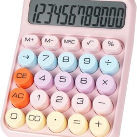 Mechanical Switch Desktop Calculator with Auditory Click, 12-Digit Large LCD Display, Ergonomic Retro Typewriter Design, Battery Powered Office & School Math Aid (Pink)
