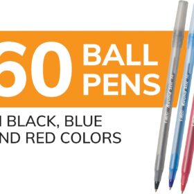 BIC Round Stic Xtra Life Ballpoint Pens - 60 Count Bulk Pack of Medium Point (1.0mm) Retractable Pens, Flexible Barrel, Assorted Colors