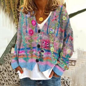 Women's Boho Chic Patchwork Cardigan - Button Down V Neck Knit Sweater with Floral & Colorblock Design