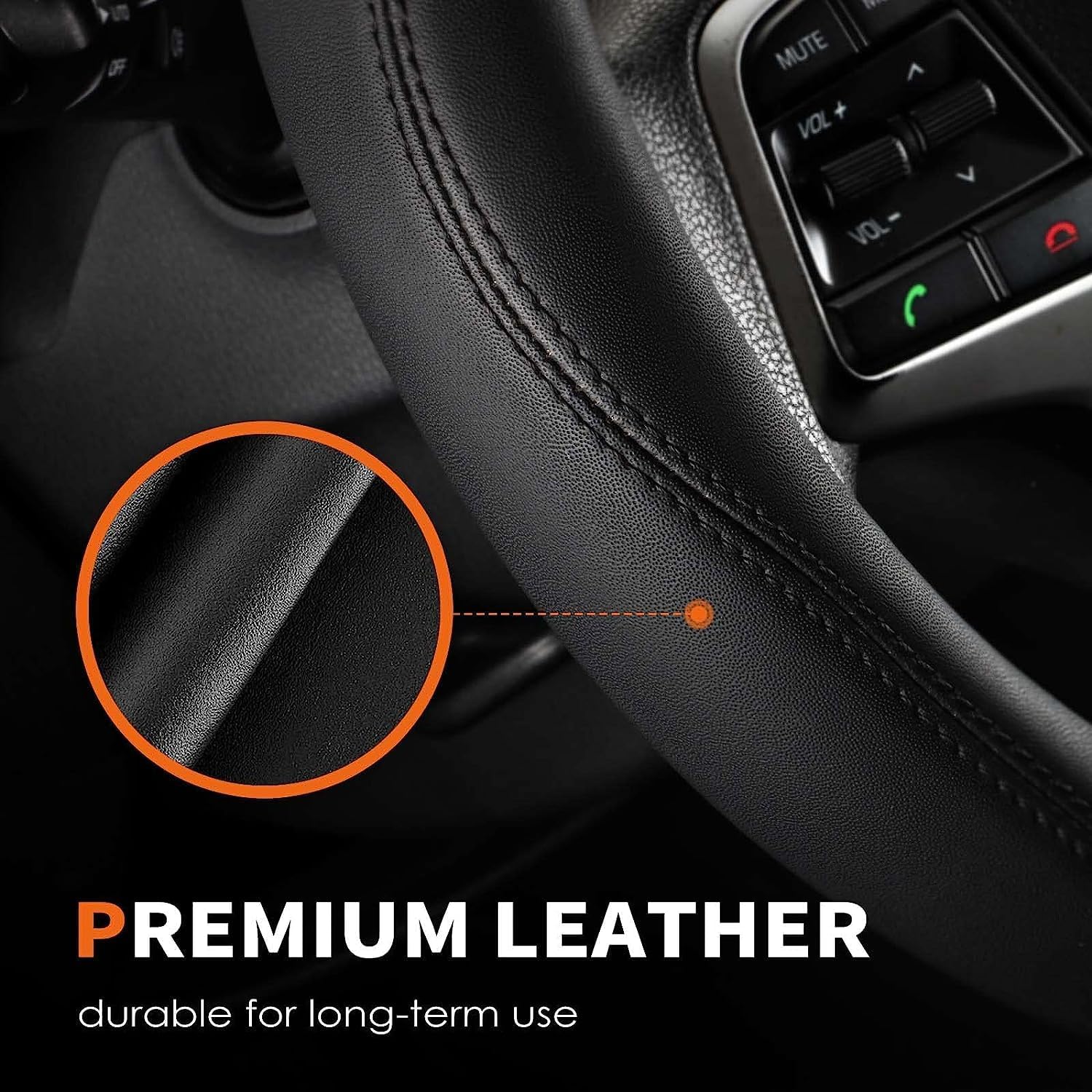 HOTOR Premium Leather Steering Wheel Cover – Universal Anti-Slip Grip for 14.5-15 Inch Wheels – Ultimate Interior Protection & Comfort