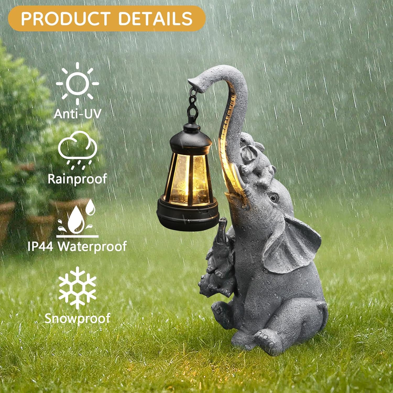 Solar Elephant Garden Statue - Family of 3 Resin Figurine with Warm LED Lantern, Waterproof Outdoor Yard Decor & Gift for Mom Gardeners