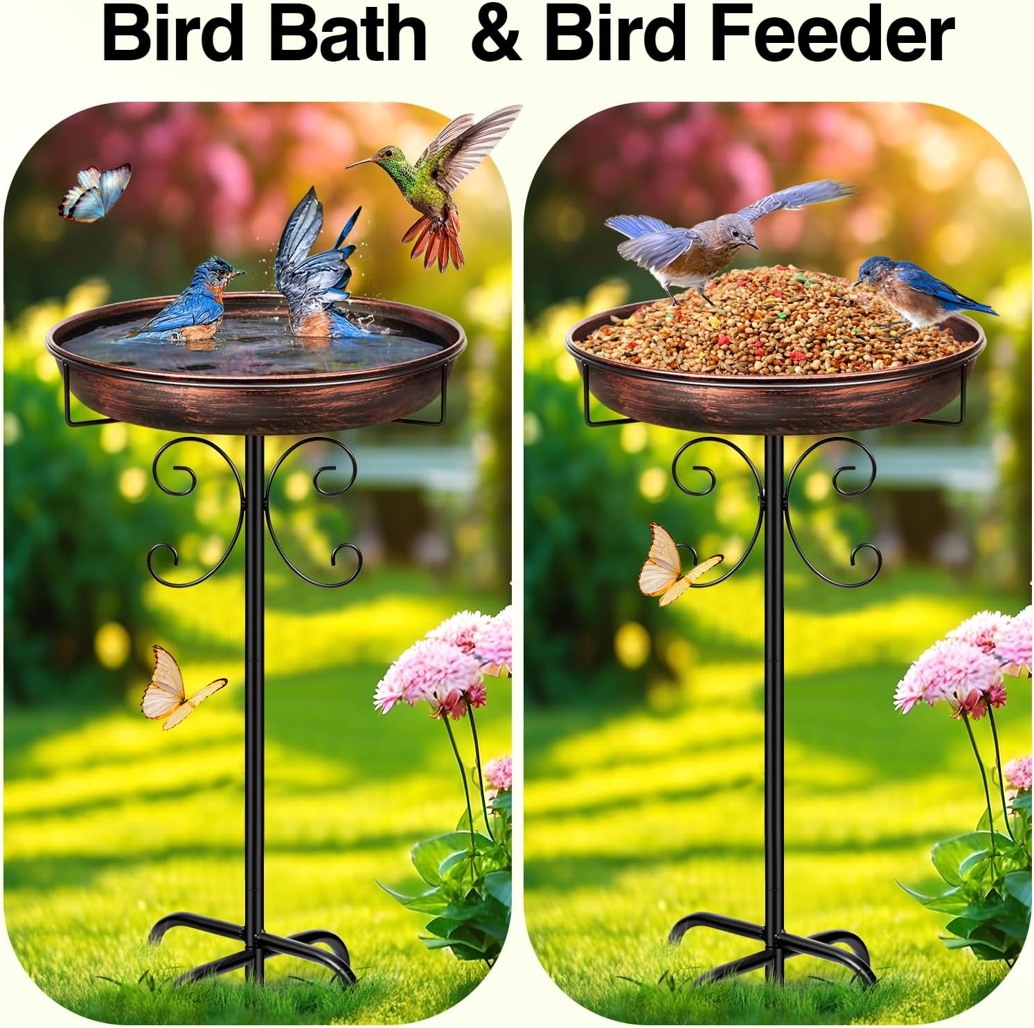 Daoeny Antique Bronze Metal Bird Bath for Outdoors – 35-Inch Freestanding Bird Bath Basin with 5-Prong Base for Garden, Lawn, & Yard Décor