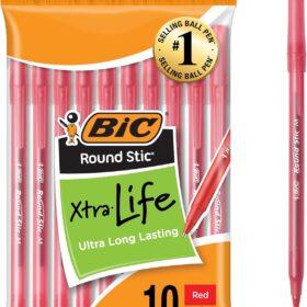 BIC Round Stic Xtra Life Ballpoint Pens, Red Ink, Medium Point (1.0mm), Flexible Barrel, 10-Count Pack