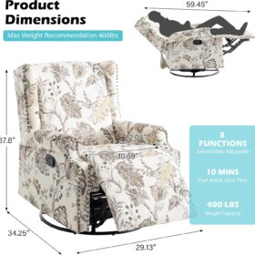 UIXE 360° Swivel Glider Recliner Chair – Floral Upholstered Nursery Rocker with High Back, Rivet Trim, & Deep Seat (Beige)