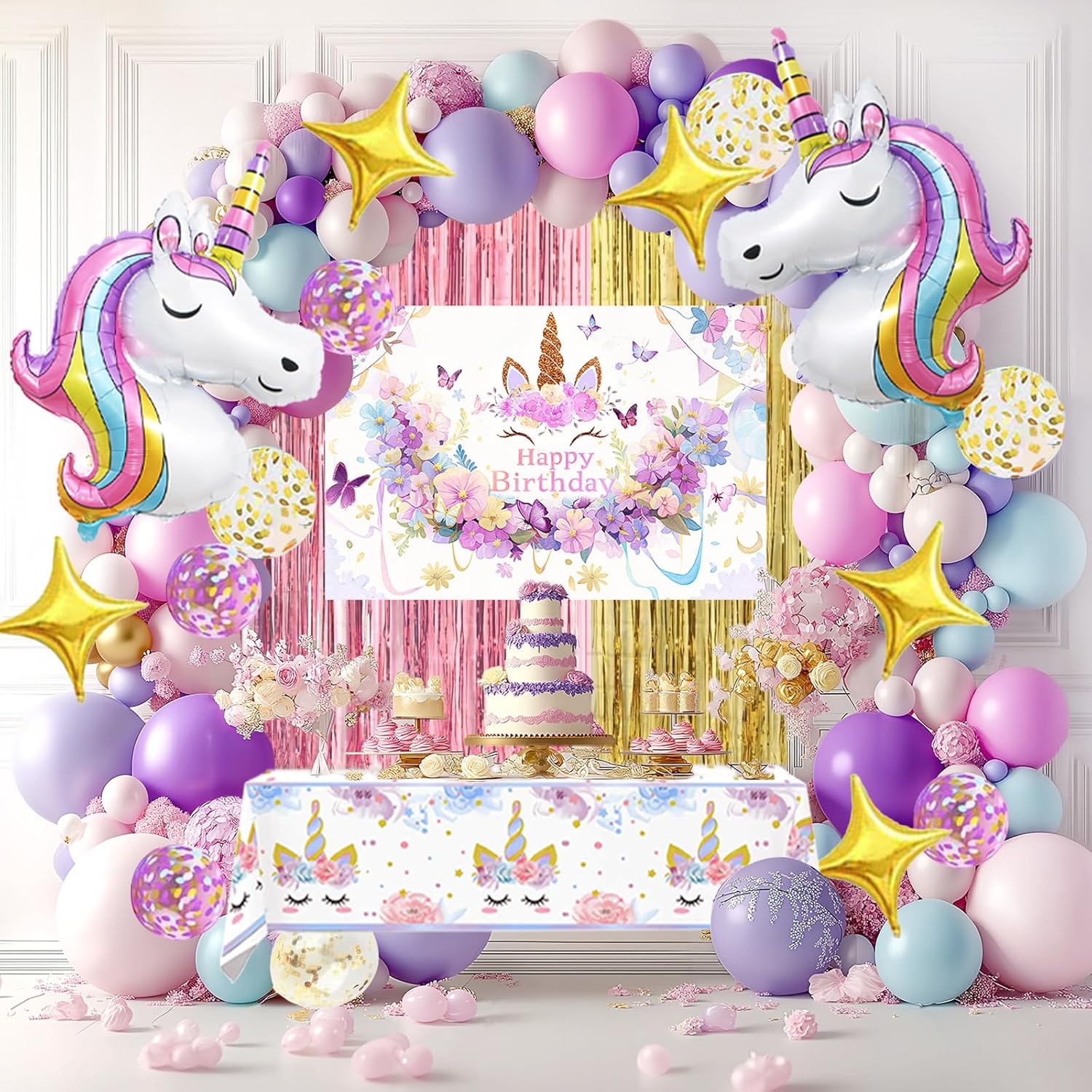 Unicorn Party Decorations Kit - 135-Piece Mega Set with 3D Foil Balloons, Backdrop, Table Cover, Tassel Curtains & Arch Garland Supplies - Magical Pink, Rose Gold, Purple Birthday Theme