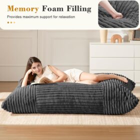 Giant 3-in-1 Memory Foam Bean Bag Chair – Convertible Floor Sofa to Bed, Washable Soft Lounge Couch for Adults & Kids (Dark Grey)