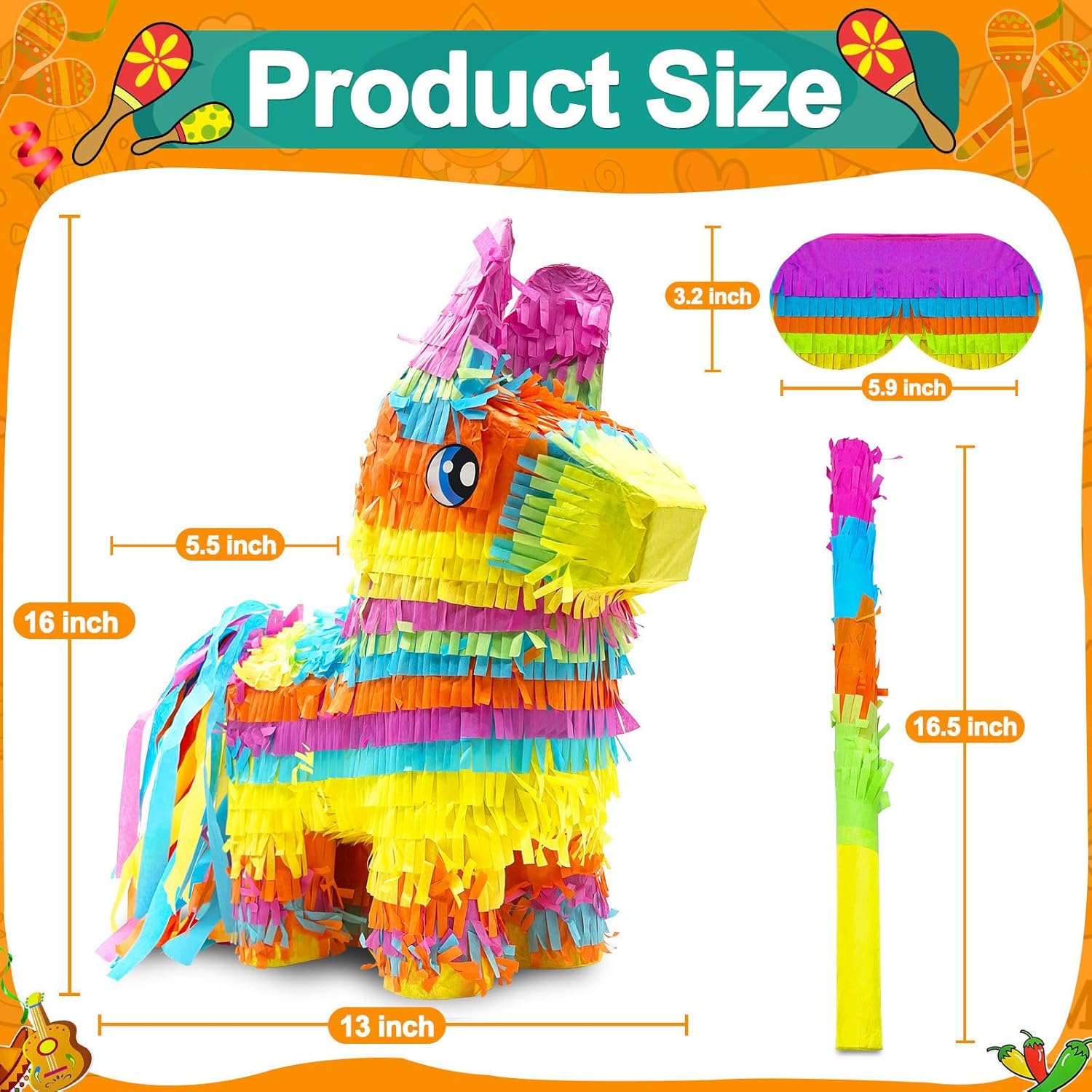16" Rainbow Donkey Piñata Set with Stick & Blindfold & 6 Mini Table Toppers - Fiesta & Taco Tuesday Party Decorations