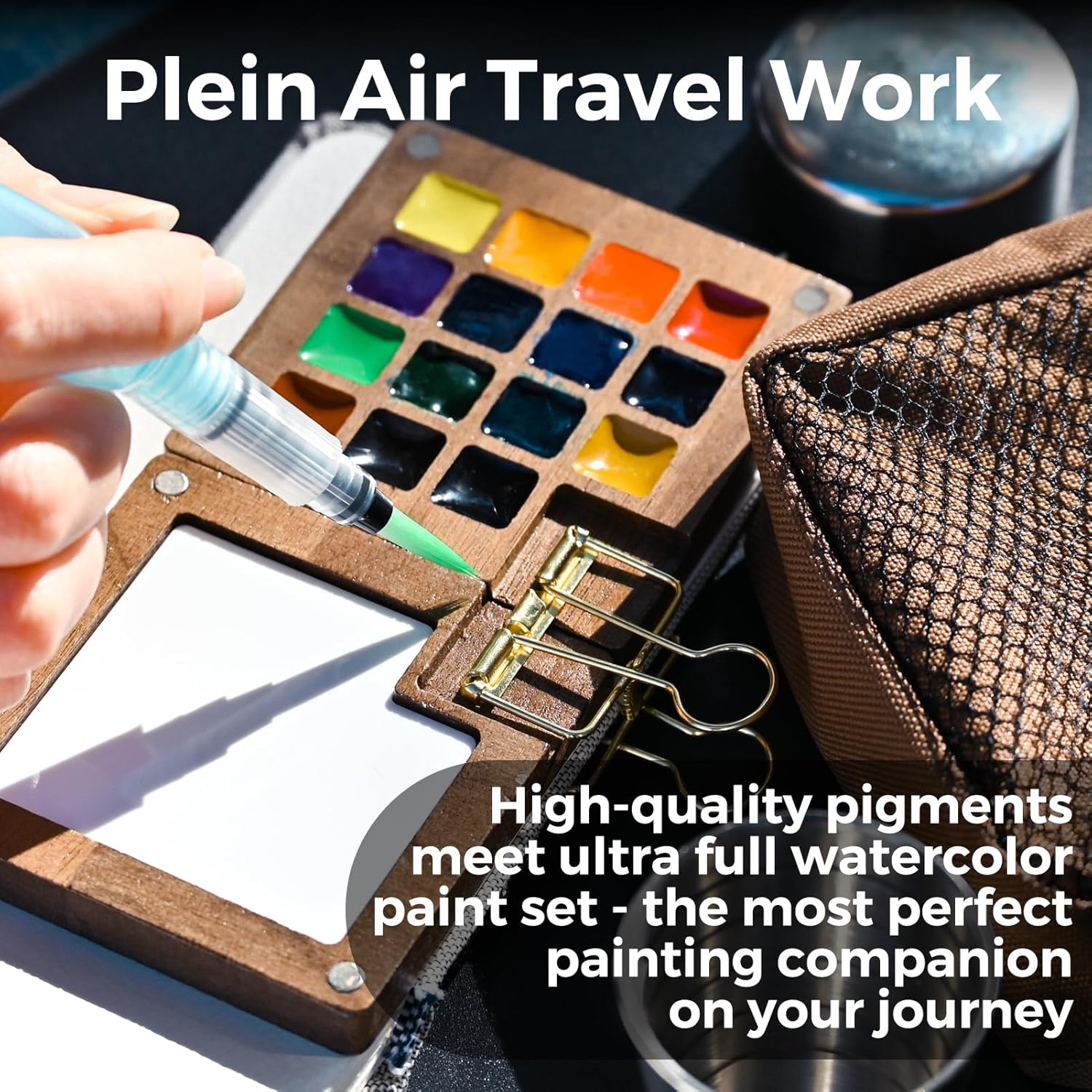 Funto Premium Walnut Wood Watercolor Paint Set – Portable 15-Color Travel Kit with Journal, Crossbody Bag & Water Brush