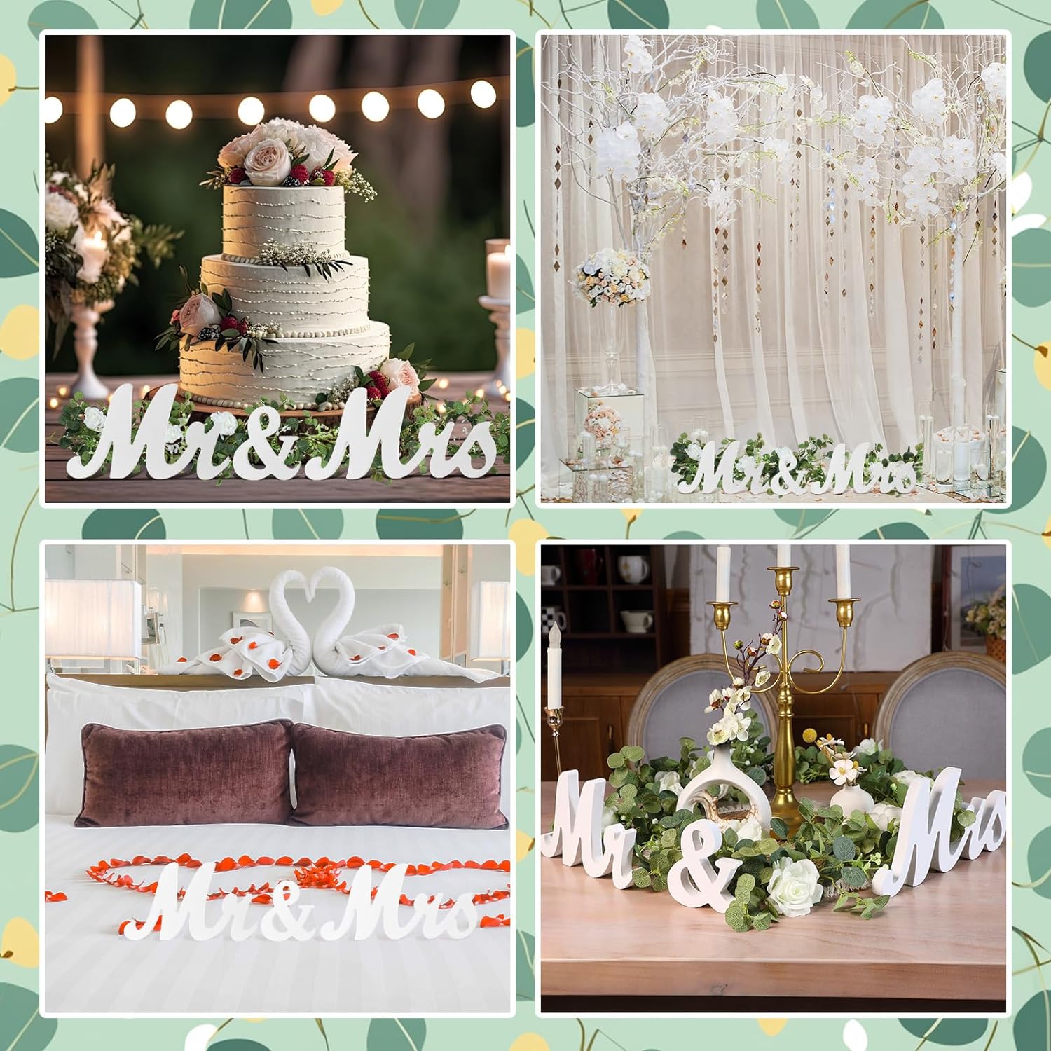 Mr & Mrs Wedding Table Decorations with 5.9ft Faux White Rose Garland - Rustic Wooden Letter Signs for Sweetheart Head Table, Engagement & Bridal Shower Centerpieces